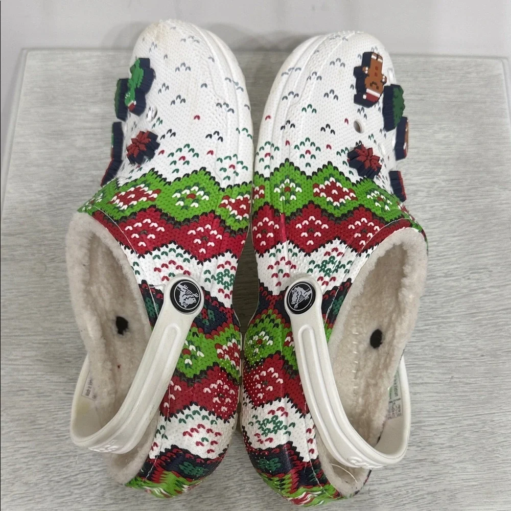 CROCS Kids' Classic Lined Holiday Christmas White and Green Slippers Size 4